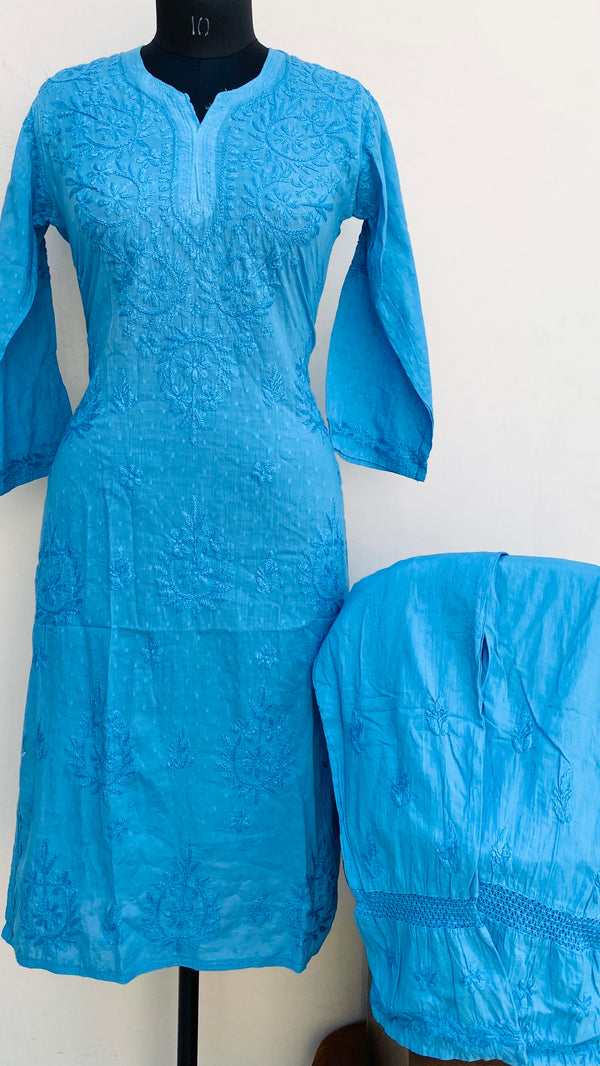 Lucknowi Chikankari Co-ord Set Blue Mulmul Cotton With Self Work