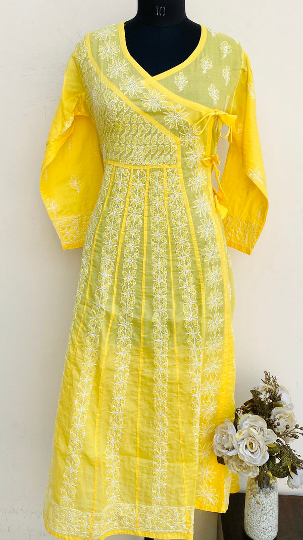 Lucknowi Chikankari Angrakha Kurti Yellow Cotton