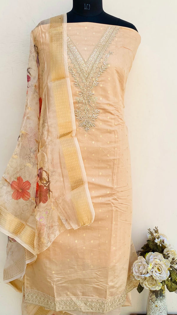 Designer Embroidered Suit Length 3 Piece Cream Mal Chanderi With Sequence Work