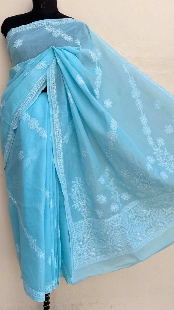 Lucknowi Chikankari Saree Blue Cotton