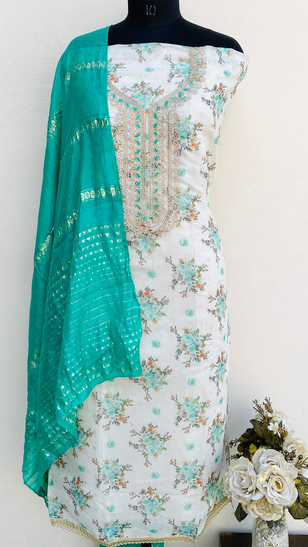 Designer Embroidered Suit Length 3 Piece Off White Mal Chanderi With Stone Work