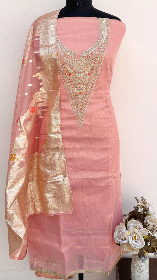 Designer Embroidered Suit Length 3 Piece Pink Mal Chanderi With Sequence Work
