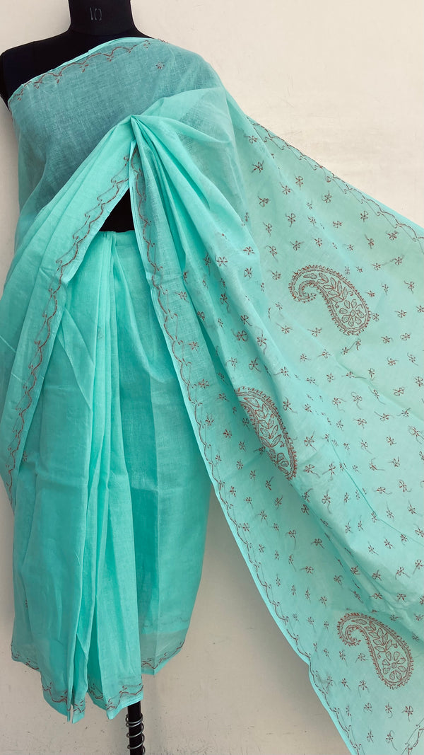 Lucknowi Chikankari Saree Green Cotton