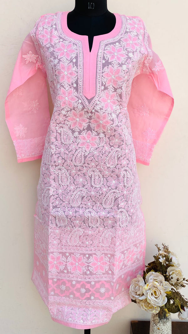 Lucknowi Chikankari Kurti Pink Cotton With Applique Work