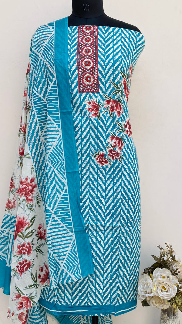 Designer Embroidered Suit Length 3 Piece Sea Green Mal Cotton With Cutdana Work