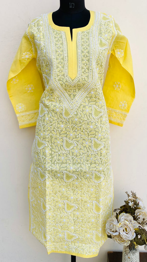 Lucknowi Chikankari Kurti Yellow Cotton With Jaali Work