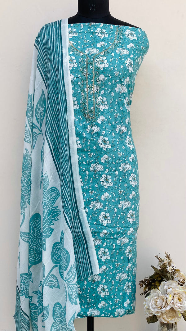 Designer Embroidered Suit Length 3 Piece Printed Green Mal Cotton