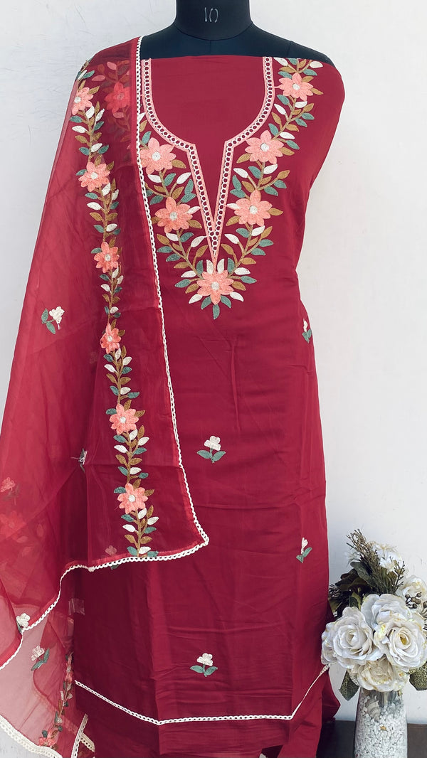 Designer Embroidered Suit Length 3 Piece Maroon Mal Cotton