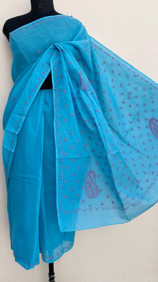 Lucknowi Chikankari Saree Blue Cotton