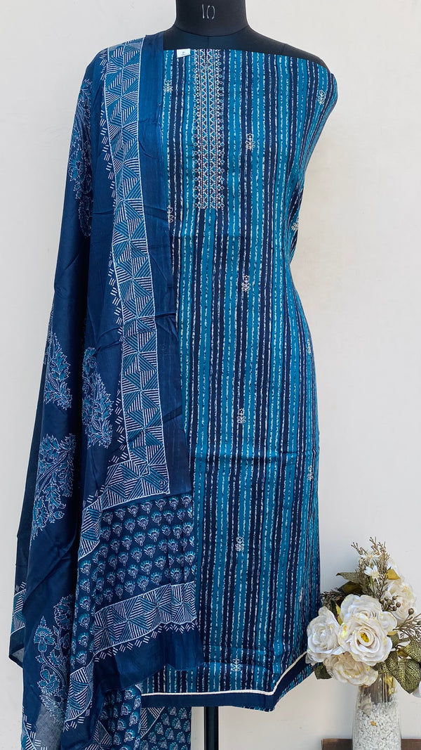 Designer Embroidered Suit Length 3 Piece Navy Blue Mal Cotton
