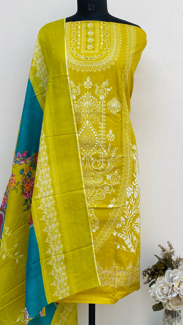 Designer Embroidered Suit Length 3 Piece Mustard Mal Cotton