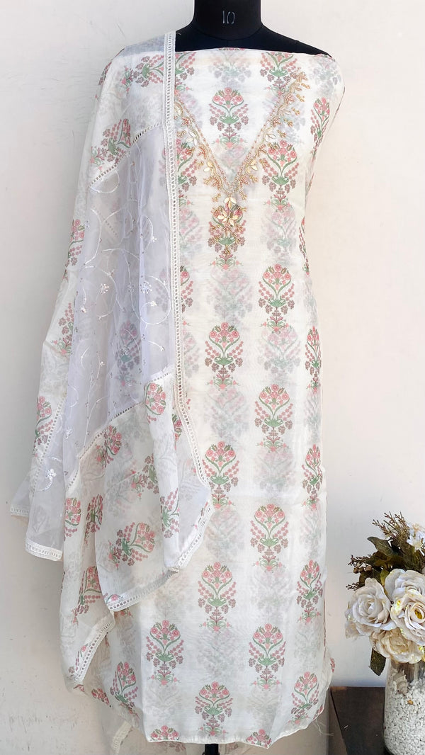Designer Embroidered Suit Length 3 Piece Cream Mal Chanderi With Pearl & Cutdana Wor