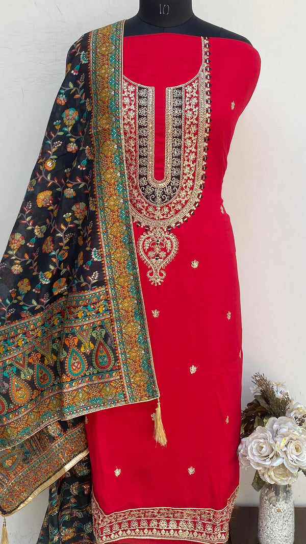 Designer Embroidered Suit Length 3 Piece Red Georgette With Sequence Work