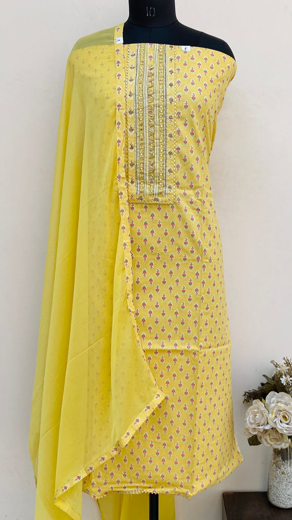 Designer Embroidered Suit Length 3 Piece Yellow Mal Cotton With Cutdana & Sequence Work