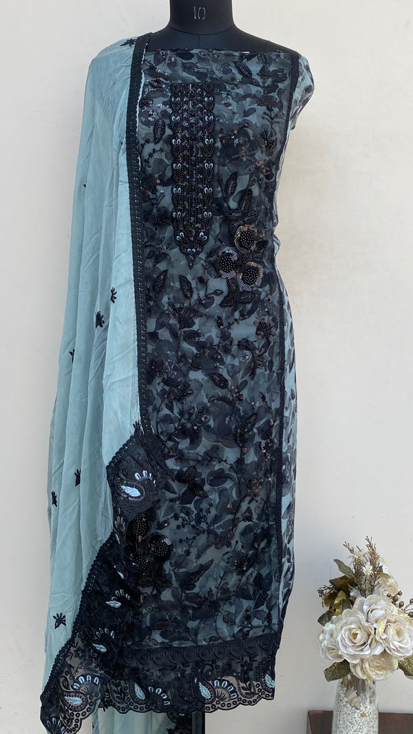 Designer Embroidered Suit Length 3 Piece Black Muslin Cotton With Sequence, Pearl & Cutdana Work