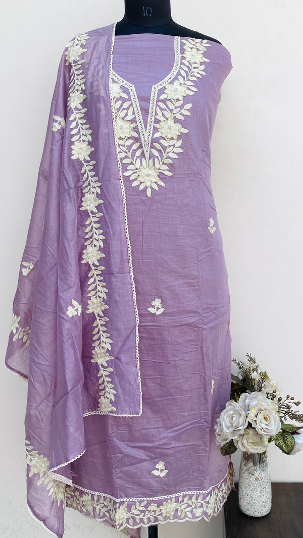 Designer Embroidered Suit Length 3 Piece Purple Mal Chanderi With Pearl & Cutdana Work