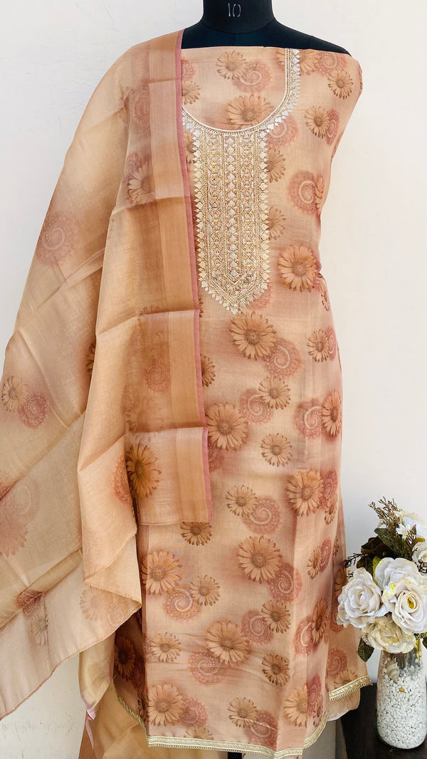 Designer Embroidered Suit Length 3 Piece Copper Mal Chanderi With Stone Work