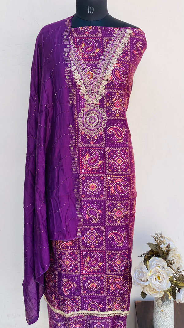 Designer Embroidered Suit Length 3 Piece Purple Muslin Cotton With Sequence Work