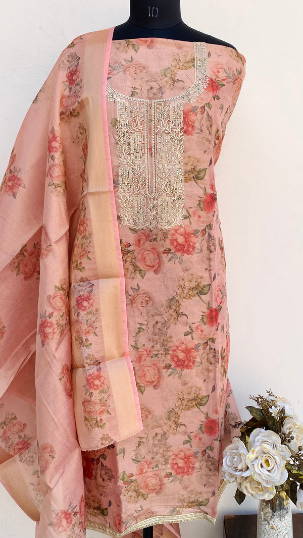 Designer Embroidered Suit Length 3 Piece Pink Mal Chanderi With Stone Work