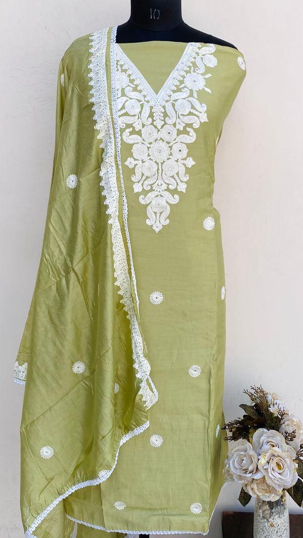 Designer Embroidered Suit Length 3 Piece Pista Green Muslin Cotton With Pearl Work