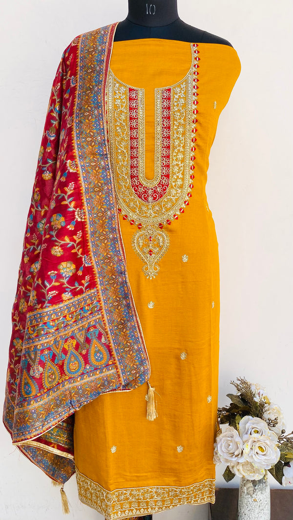 Designer Embroidered Suit Length 3 Piece Mustard Georgette With Sequence Work