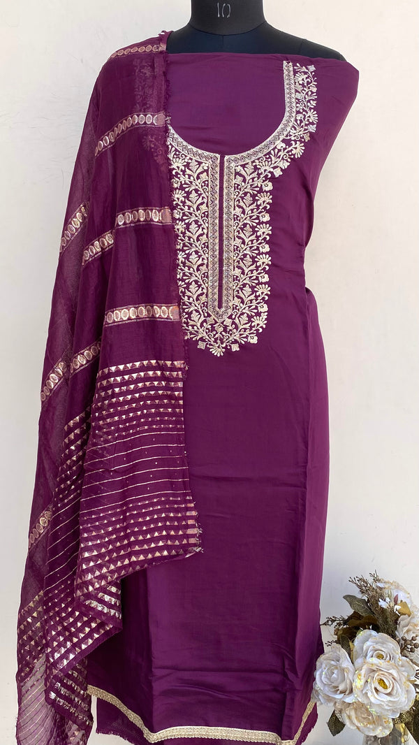 Designer Embroidered Suit Length 3 Piece Wine Muslin Cotton