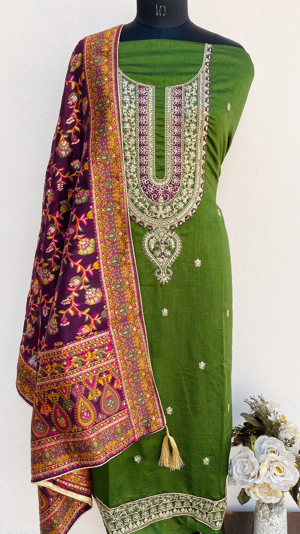 Designer Embroidered Suit Length 3 Piece Green Georgette With Sequence Work