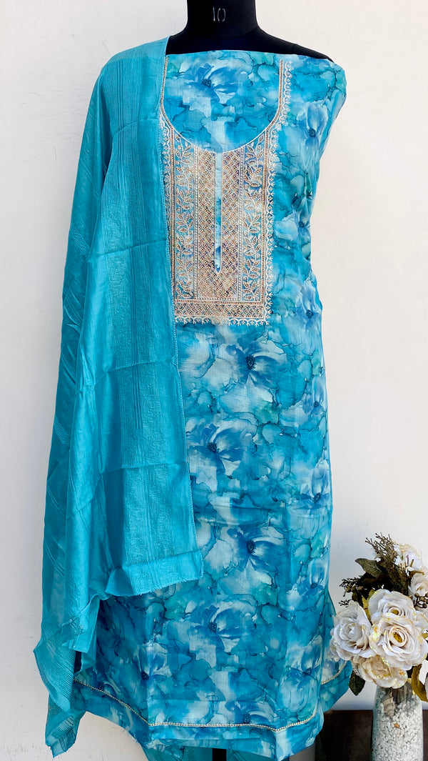 Designer Embroidered Suit Length 3 Piece Blue Mal Chanderi With Stone Work