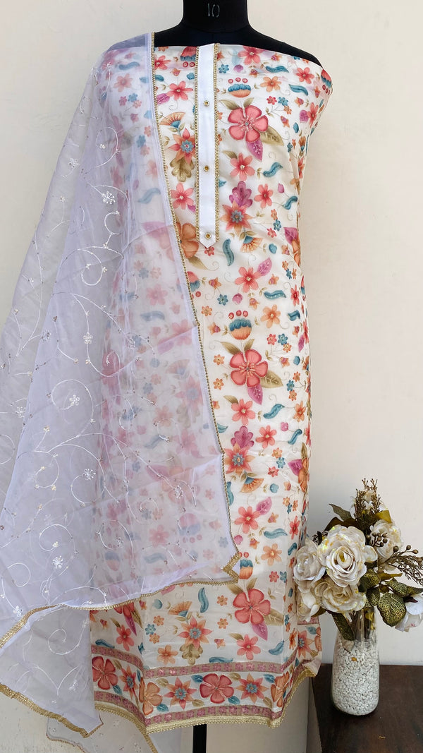 Designer Embroidered Suit Length 3 Piece White Organza With Sequence Work