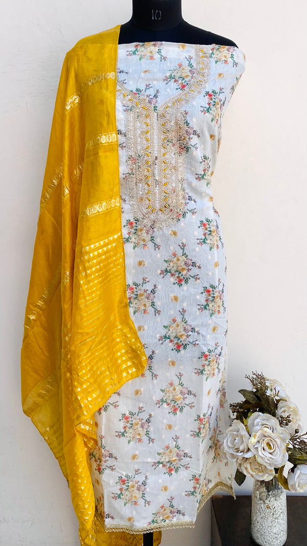 Designer Embroidered Suit Length 3 Piece Off White Mal Chanderi With Stone Work