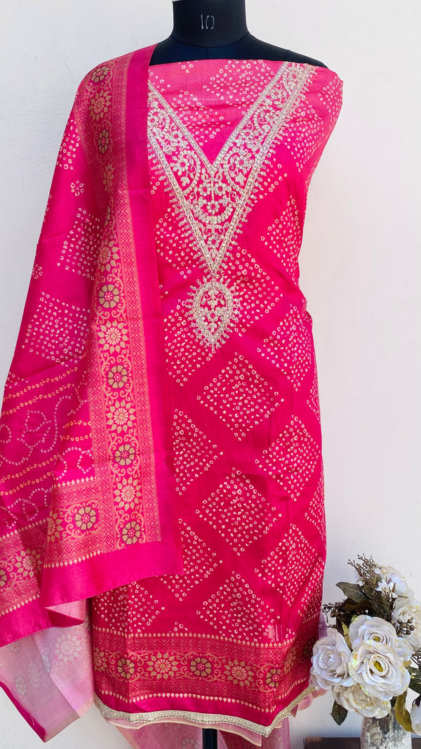 Designer Embroidered Suit Length 3 Piece Pink Mal Chanderi With Sequence Work