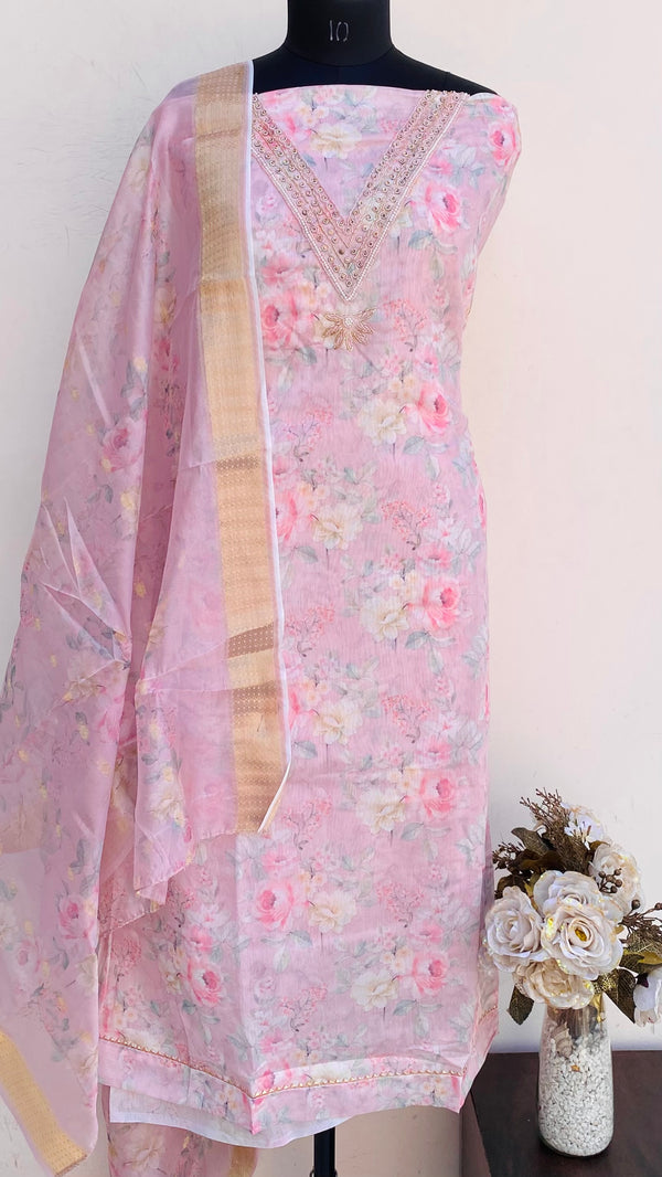 Designer Embroidered Suit Length 3 Piece Pink Mal Chanderi With Pearl & Cutdana Work