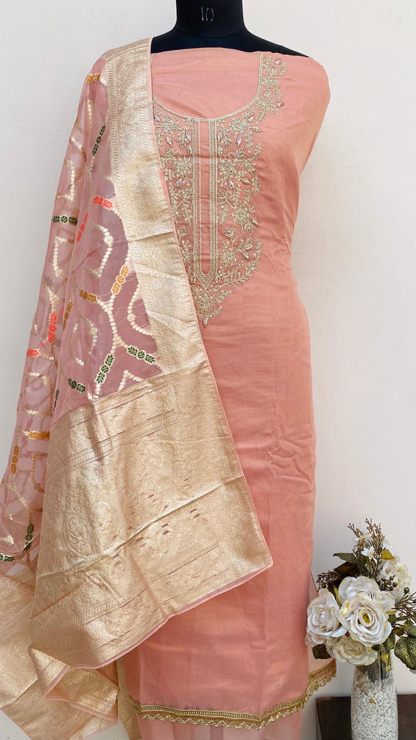 Designer Embroidered Suit Length 3 Piece Pink Mal Chanderi With Sequence Work
