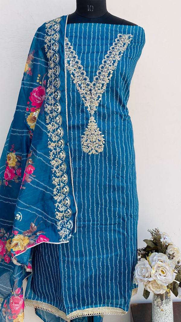 Designer Embroidered Suit Length 3 Piece Blue Mal Chanderi With Sequence Work
