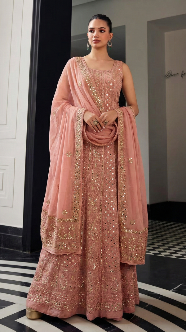 Lucknowi Chikankari Ombre Anarkali Suit Length 2 Piece Copper Colour Pure Georgette With Gotta Patti & Mirror Work