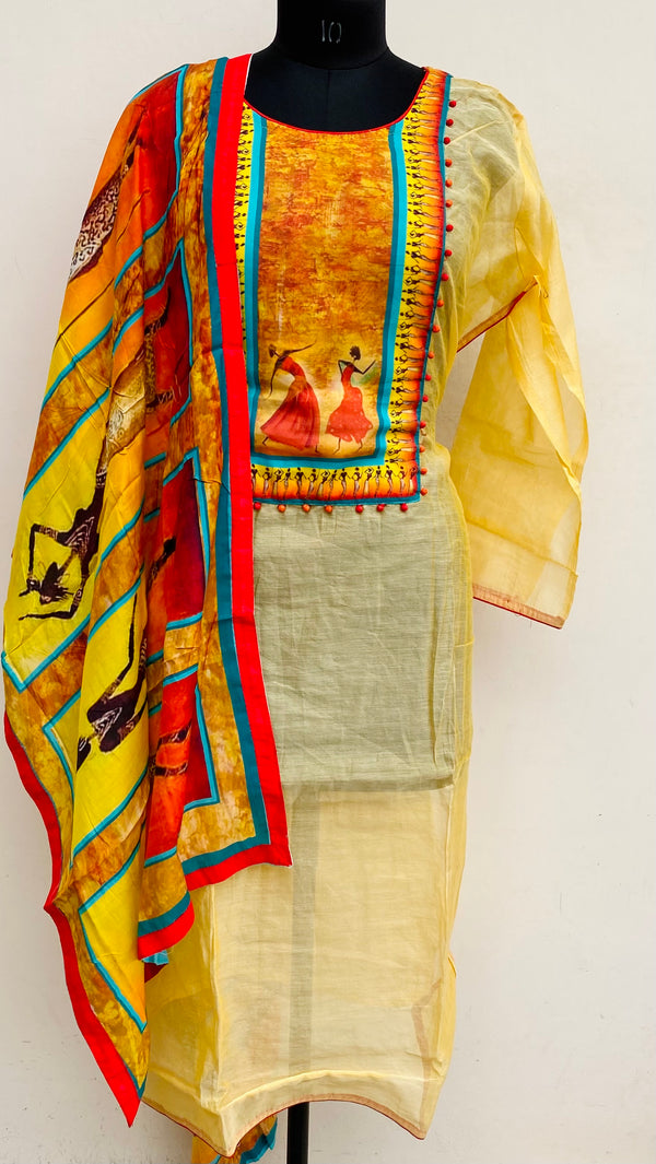 Designer Embroidered Suit Length 3 Piece Beige Mal Chanderi