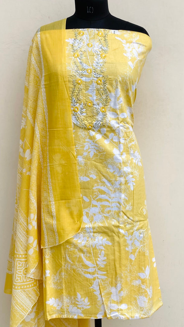 Designer Embroidered Suit Length 3 Piece Yellow Mal Cotton With Sequence Work