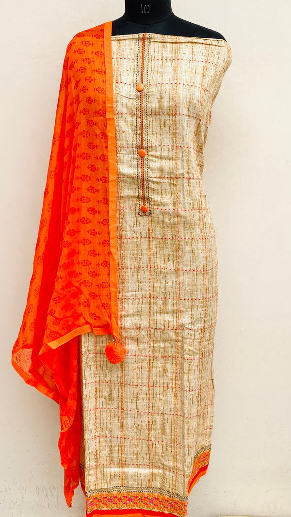 Designer Embroidered Suit Length 3 Piece Beige Mal Cotton With Sequence Work