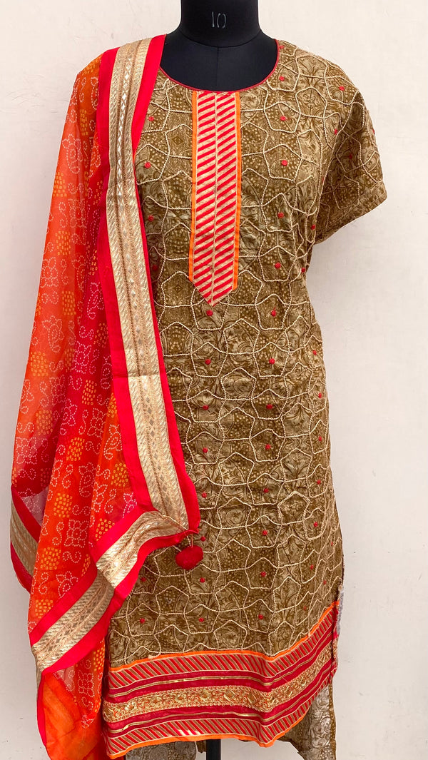 Designer Embroidered Suit Length 3 Piece Brown Mal Cotton