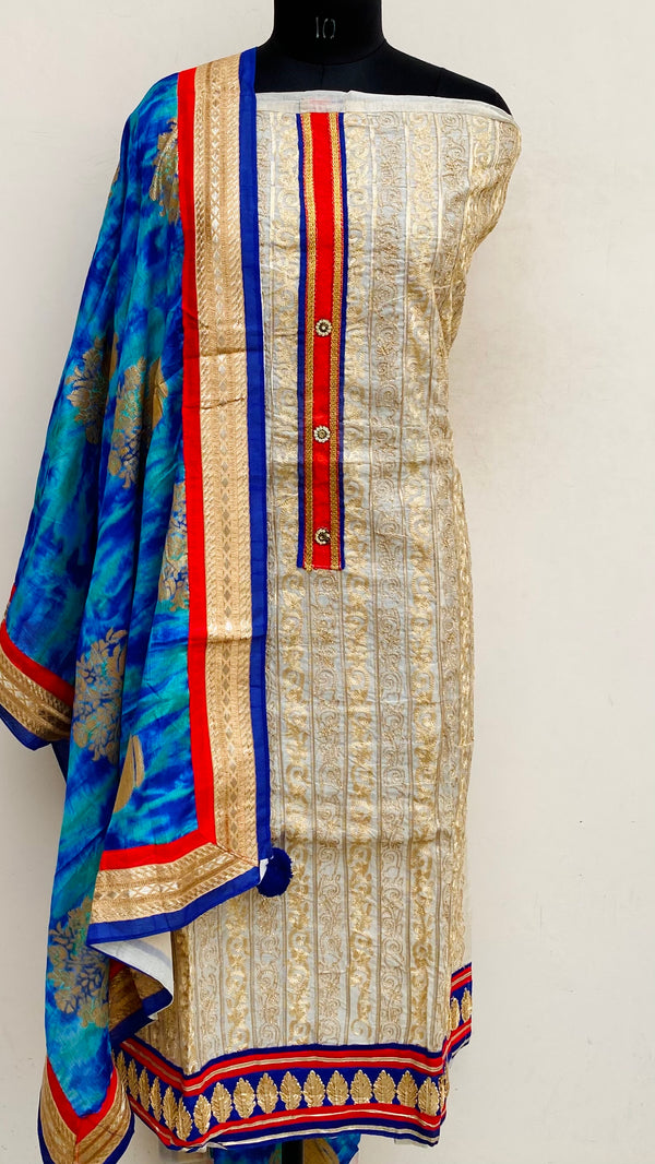 Designer Embroidered Suit Length 3 Piece Cream Mal Chanderi