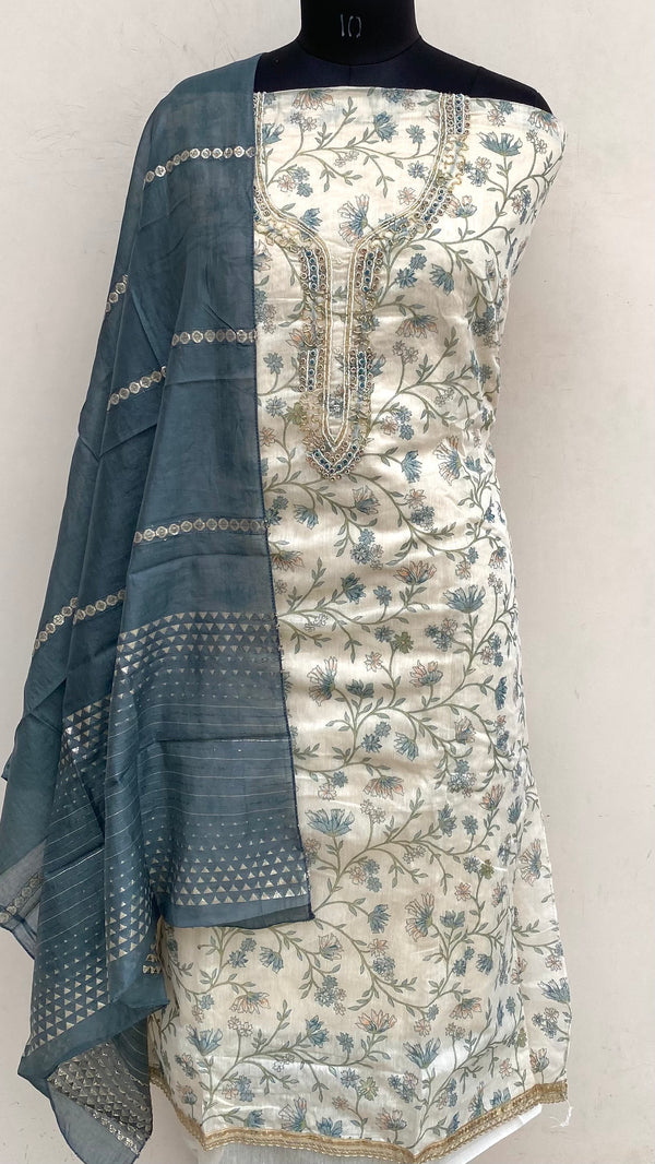 Designer Embroidered Suit Length 3 Piece Cream Mal Chanderi  With Pearl & Cutdana Work