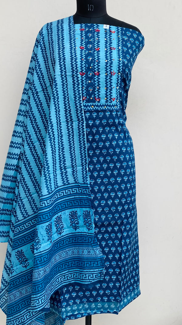 Designer Embroidered Suit Length 3 Piece Blue Mal Cotton With Sequence Work