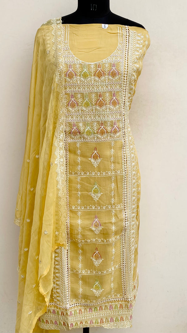 Designer Embroidered Suit Length 3 Piece Beige Organza With Pearl & Sequence Work