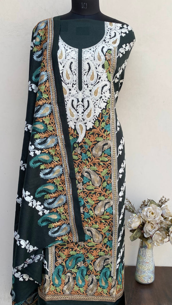 Black Woollen Pashmina Suit Length 3 Piece With Embroidered Woollen Pashmina Shawl