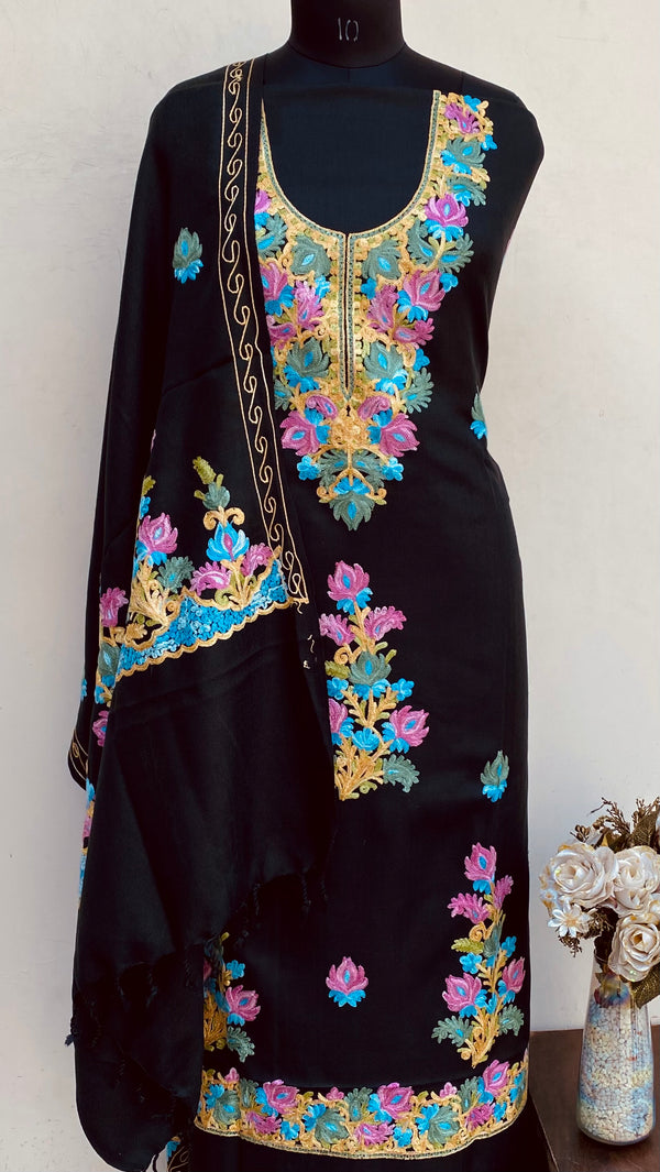 Black Woollen Pashmina Suit Length 3 Piece With Embroidered Woollen Pashmina Shawl