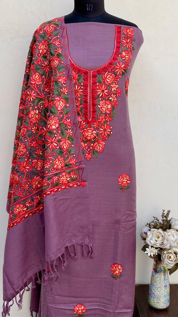 Pink Woollen Pashmina Suit Length 3 Piece With Embroidered Woollen Pashmina Shawl