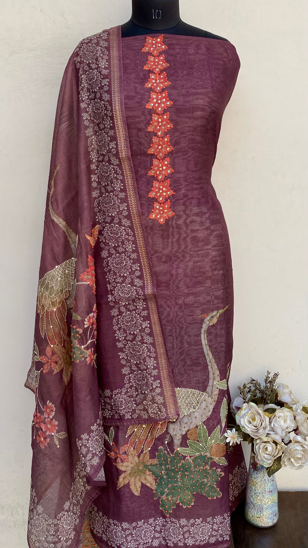 Designer Embroidered Suit Length 3 Piece Brown Mal Chanderi With Sequence Work