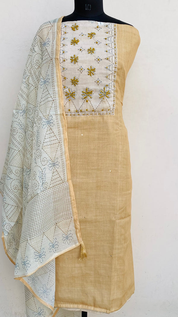 Designer Embroidered Suit Length 3 Piece Beige Linen