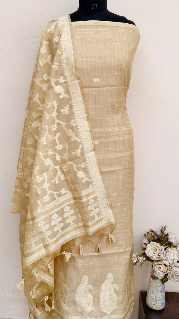 Designer Embroidered Suit Length 3 Piece Beige Mal Chanderi