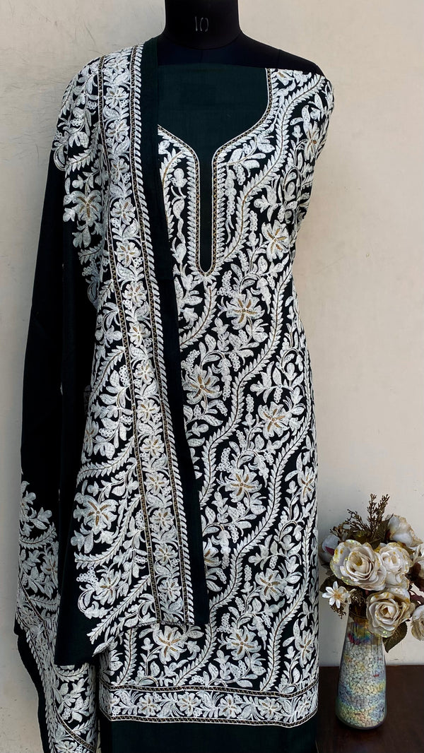 Black Woollen Pashmina Suit Length 3 Piece With Embroidered Woollen Pashmina Shawl
